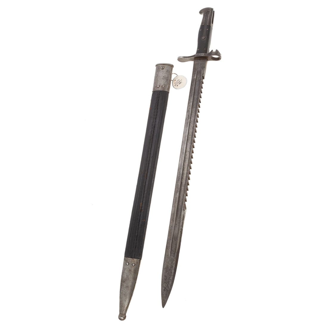 A Swiss Vetterli Model 1881 Bayonet: Saw back model, with sheath; the number "165637," stamped on hand guard; "S.J.C. Neuhausen, 4909," marked on blade; the sheath marked with the number "15", 23 1/2 in. L overall Provenance: From The