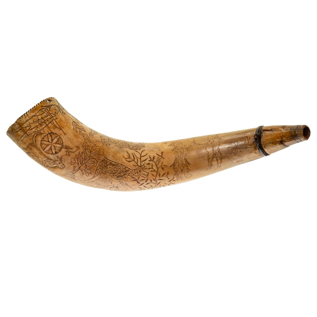 A Native American Engraved Powder Horn: (New England, third quarter 18th century) Later inscribed "AT / 1824" (identity untraced, considerably later than the original creation) carved in shallow relief and engraved with a pair of Indians ra