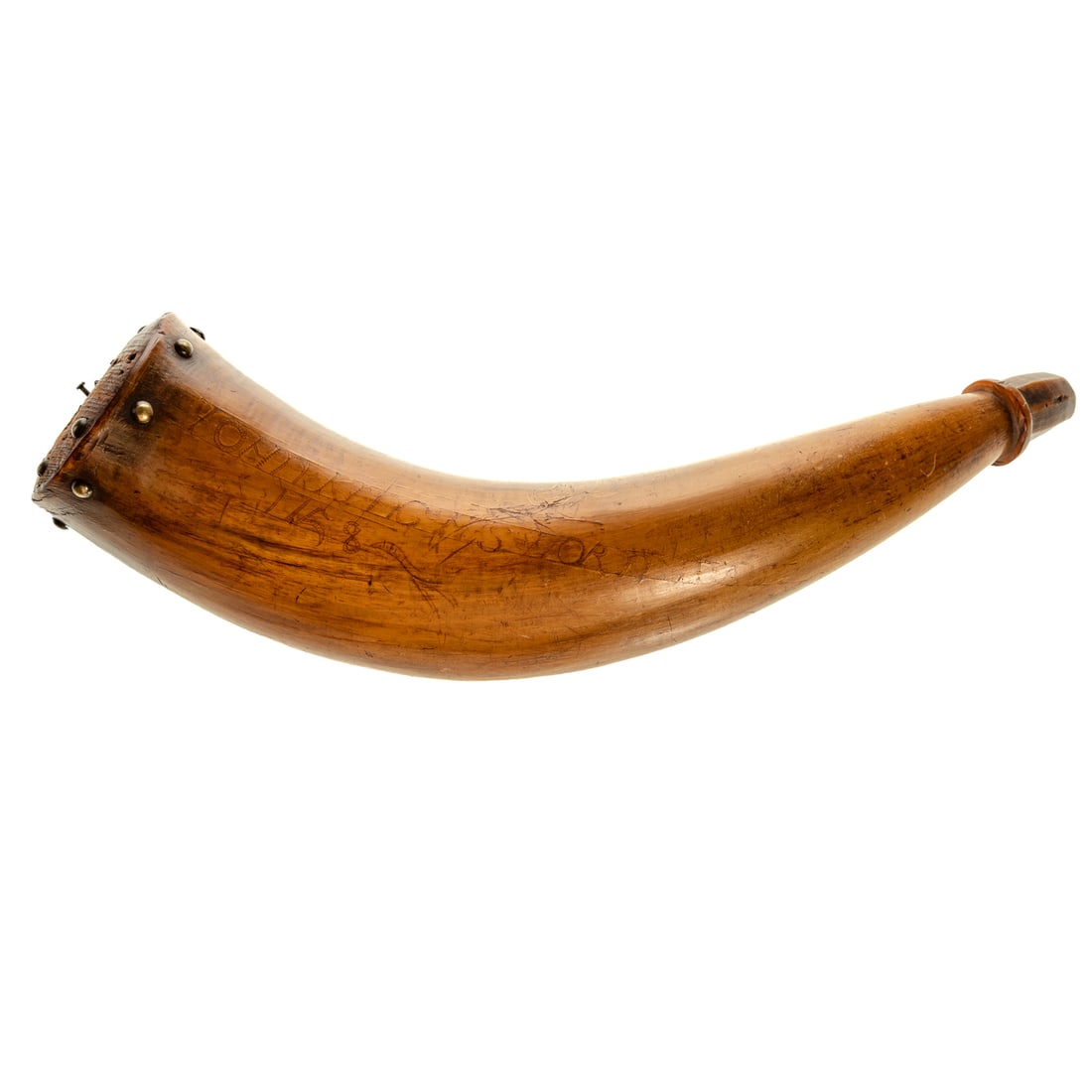 An American Engraved Powder Horn, Ft. Ticonderoga: Inscribed, "JOHN KING HIS HORN MADE / 1758" (identified with Capt. John King, 1730-1808, born in Tolland Co. Ct., but by 1760s a resident of Amenia, Duchess Co., NY, served in NY militia in French & I