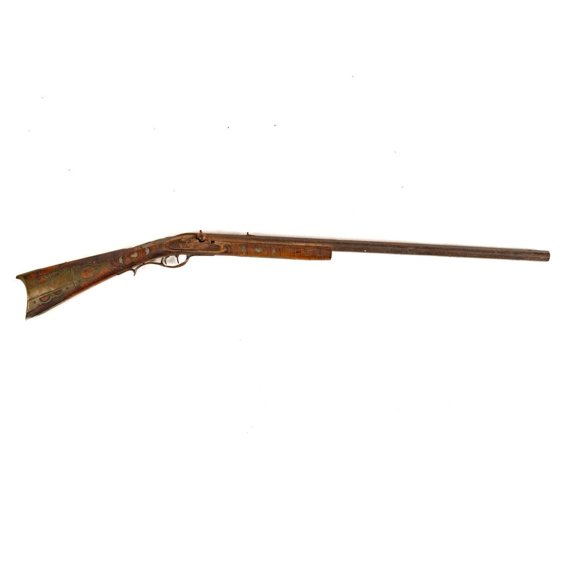 An American Kentuckey Style Rifle: Probably Pennsylvania, mid 19th century, with engraved iron percussion lock, no maker's mark visible, but nicely engraved; octagonal barrel, about .30 cal., 29 in. L., with notches cut for sights; tig