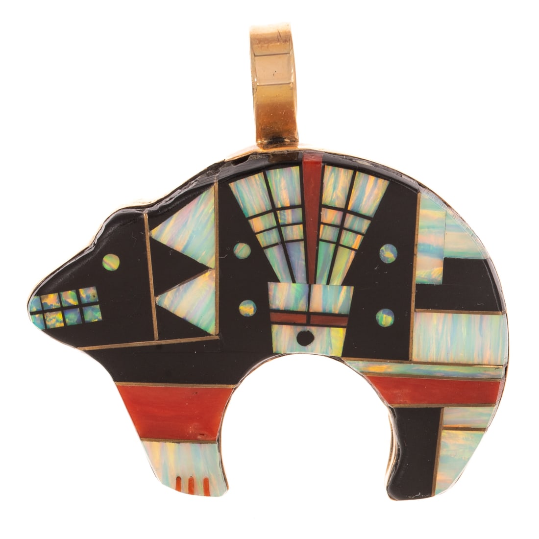 A Navajo Bear Fetish Pendant in 14K: 14K yellow gold Bear fetish pendant by Navajo artist Steeve Grant, featuring opal, onyx, and coral mosaic inlay, signed, 2 in. x 2 in., 14.9 grams