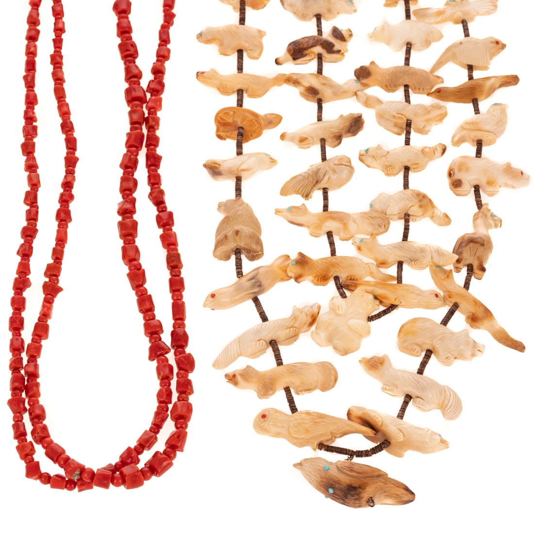 A Zuni Double Strand Fetish Necklace & Coral Necklace: 1) Double strand Zuni fetish necklace featuring highly detailed and well formed antler fetishes of bear, turtle, fish, frog, snake, and much more, with inlaid turquoise or coral eyes, stung between he