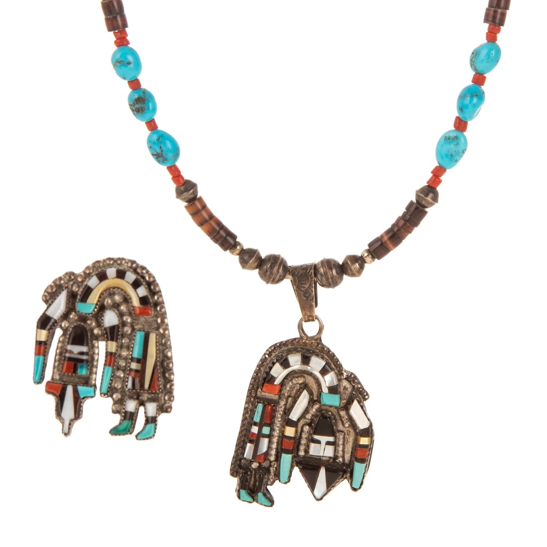 An Oliver & Angela Cellicion Ring & Tom Tom Necklace in Silver: 1) Silver Rainbow Man ring by Zuni artists Olivier and Angela Cellicion featuring inlaid gemstones including turquoise, Mother of Pearl, coral, and black onyx, signed, sz 7.75, and 2) Silver Rainbow M