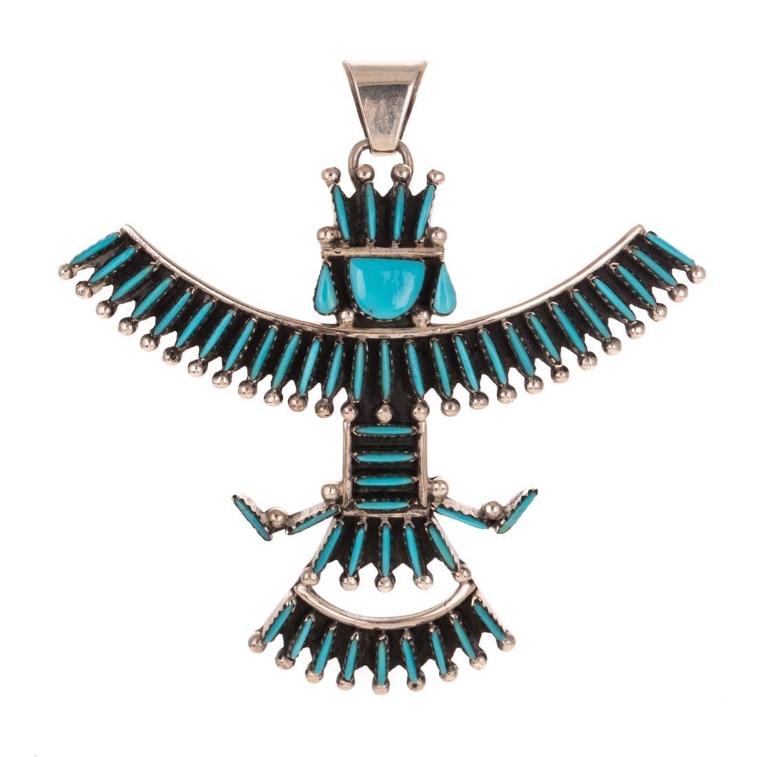 A Ben Yazzie Turquoise Thunderbird Pendant in Sterling Silver: Sterling silver turquoise petit point thunderbird pendant/brooch by Navajo artist Ben Yazzie, signed, 3 1/2 in . x 3 1/2 in., 29.2 grams Provenance: From a Baltimore estate