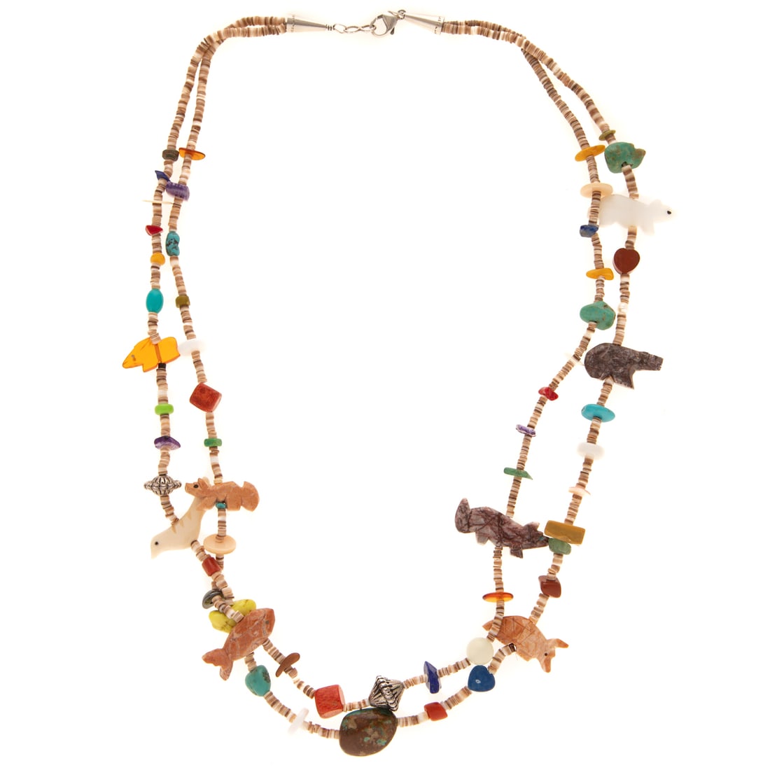 A Vintage Fetish Necklace & Pendant in Sterling Silver: 1) Sterling silver double strand Zuni fetish necklace featuring eight fetish carvings of a bird, fish, bear, fox, rabbit, and more, spaced between heishi and multi-colored stones, silver, and other be