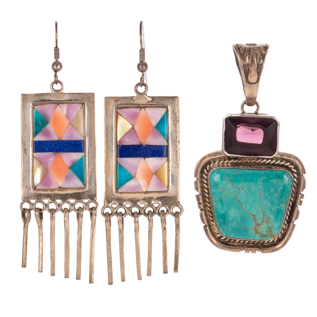 A Patrick Yazzie Turquoise Pendant & Earrings in Sterling Silver: 1) Sterling silver pendant by Navajo artist Patrick Yazzie featuring a polished turquoise bezel set with rope details and cut border below a purple accent bezel set, bail with floral motif, signed, 2 