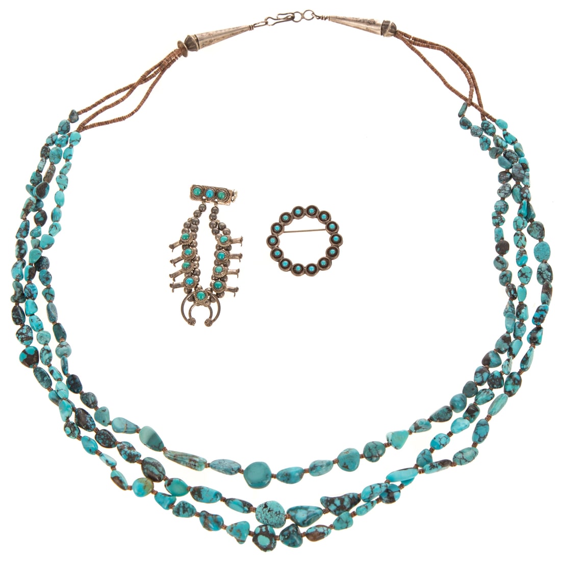 A Collection of Vintage Navajo Turquoise Jewelry in Silver: 1) Silver triple strand Navajo necklace featuring graduated turquoise beads alternating with heishi beads and terminating in silver cones, hook closure, approx. 25 in. L, 2) Silver and turquoise Navaj
