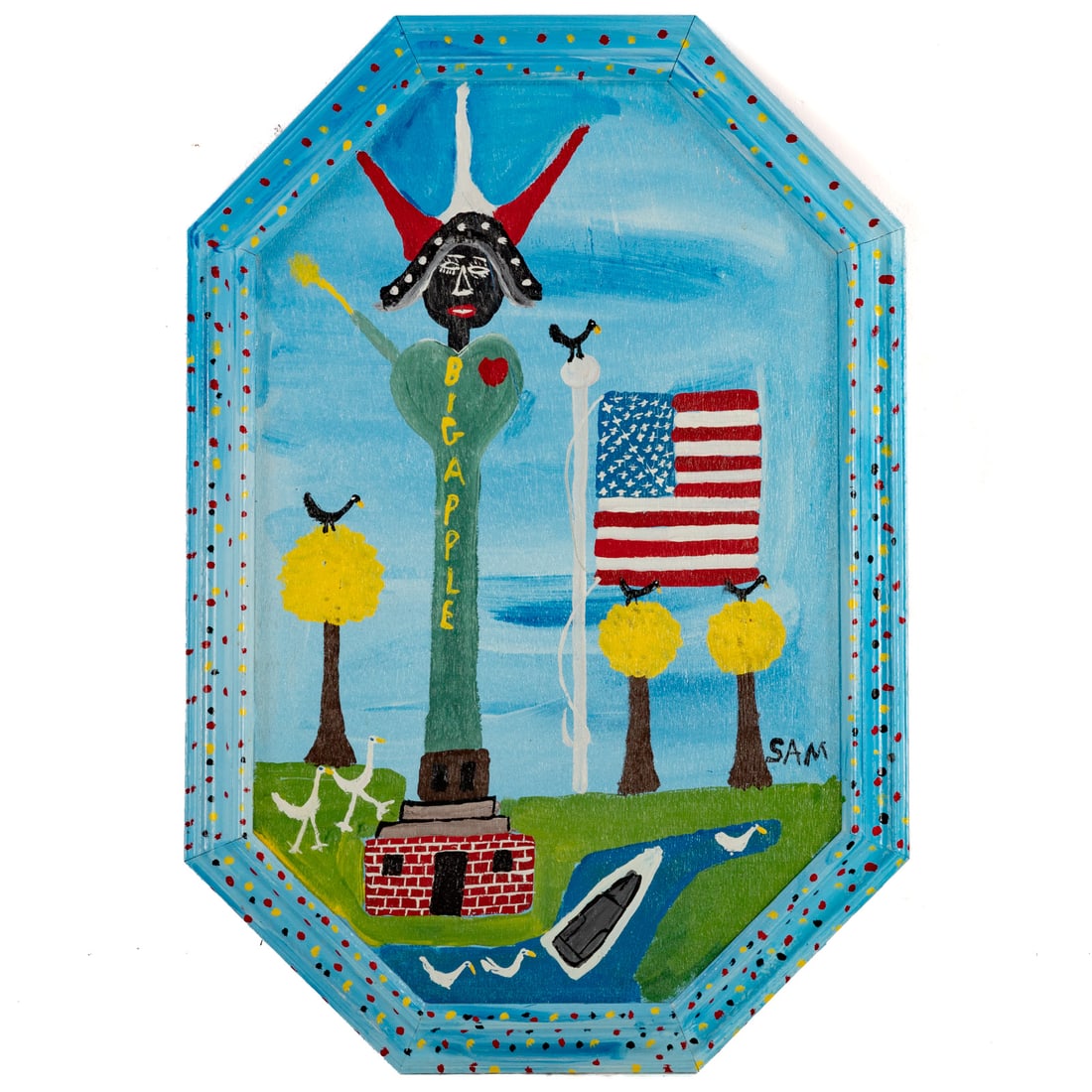 Sam "The Dot Man" McMillan. "Big Apple," acrylic: (American, 1926-2014) Acrylic on wood panel with integrated painted wooden frame, signed "SAM' lr, framed size: 32 1/2 x 22 in. Provenance: From a private collection, Baltimore, MD, previous auction h