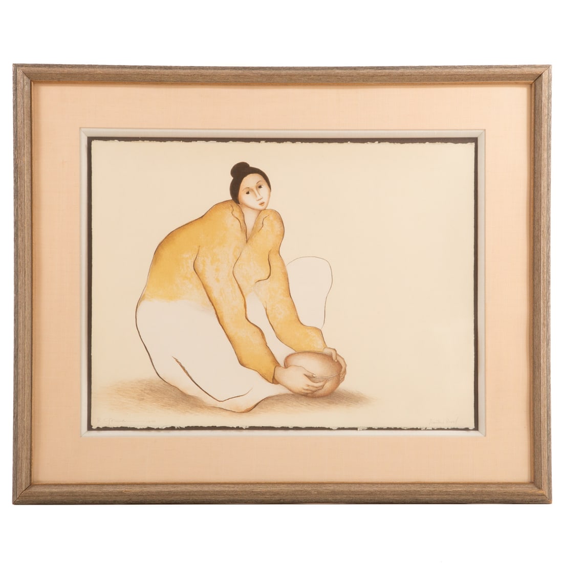 Rudolph Carl Gorman. Woman with Bowl, lithograph: (American, 1931-2005) Color lithograph on paper, 1979, pencil signed ll, printer's proof with blind stamps, sheet size: 22 by 30 in., framed size: 35 x 42 in. Provenance: From a private collection, Ba