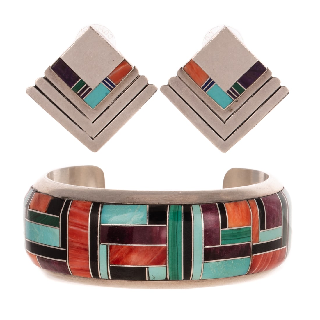 A Begay Inalid Cuff & Sunburst Handcrafts Earrings: 1) Sterling silver cuff by Navajo artists Richard & Rita Begay, 1 in. W, featuring mosaic inlay of spiny oyster, turquoise, charoite, malachite, onyx, and more, signed, 2 1/4 in. interior W, and 2) St