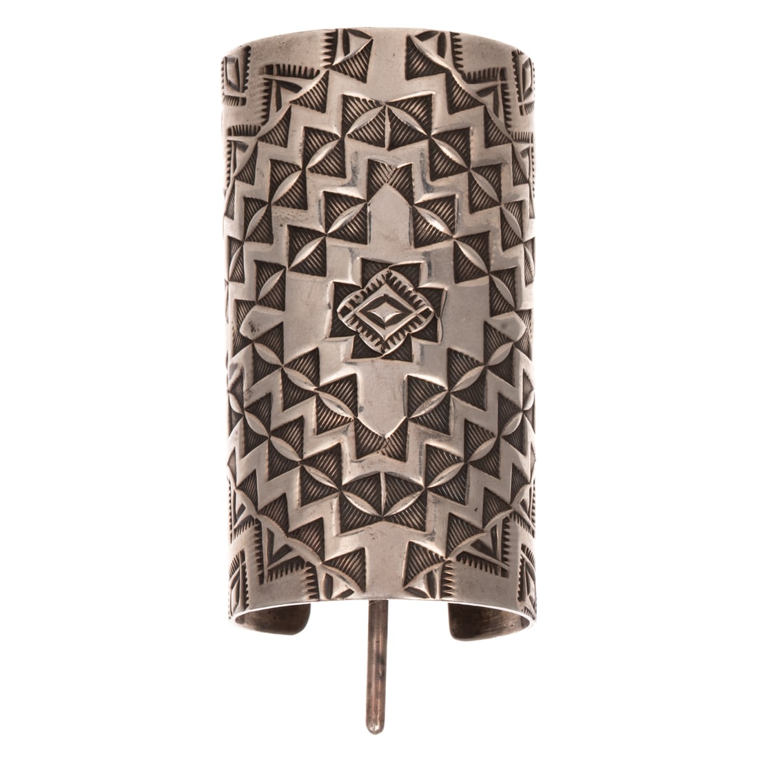 A Navajo Ponytail Wrap in Sterling Silver: Sterling silver Navajo pony tail wrap with engraved oxidized geometric designs, post in center of open back cylinder, 2 in. L, 34.2 grams