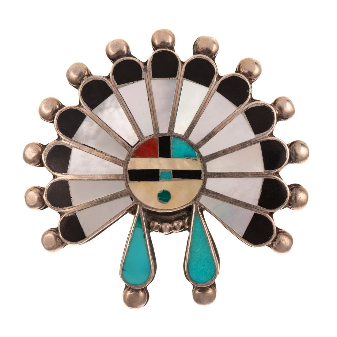 A Zuni Sun Face Inlay Ring in Sterling Silver: Sterling silver sun face ring made by Zuni artist featuring inlay stones including Mother of Pearl, black onyx, coral, and turquoise, 1 3/4 in. W, sizing bar inside shank, approx. sz 7, 15.0 grams Pro