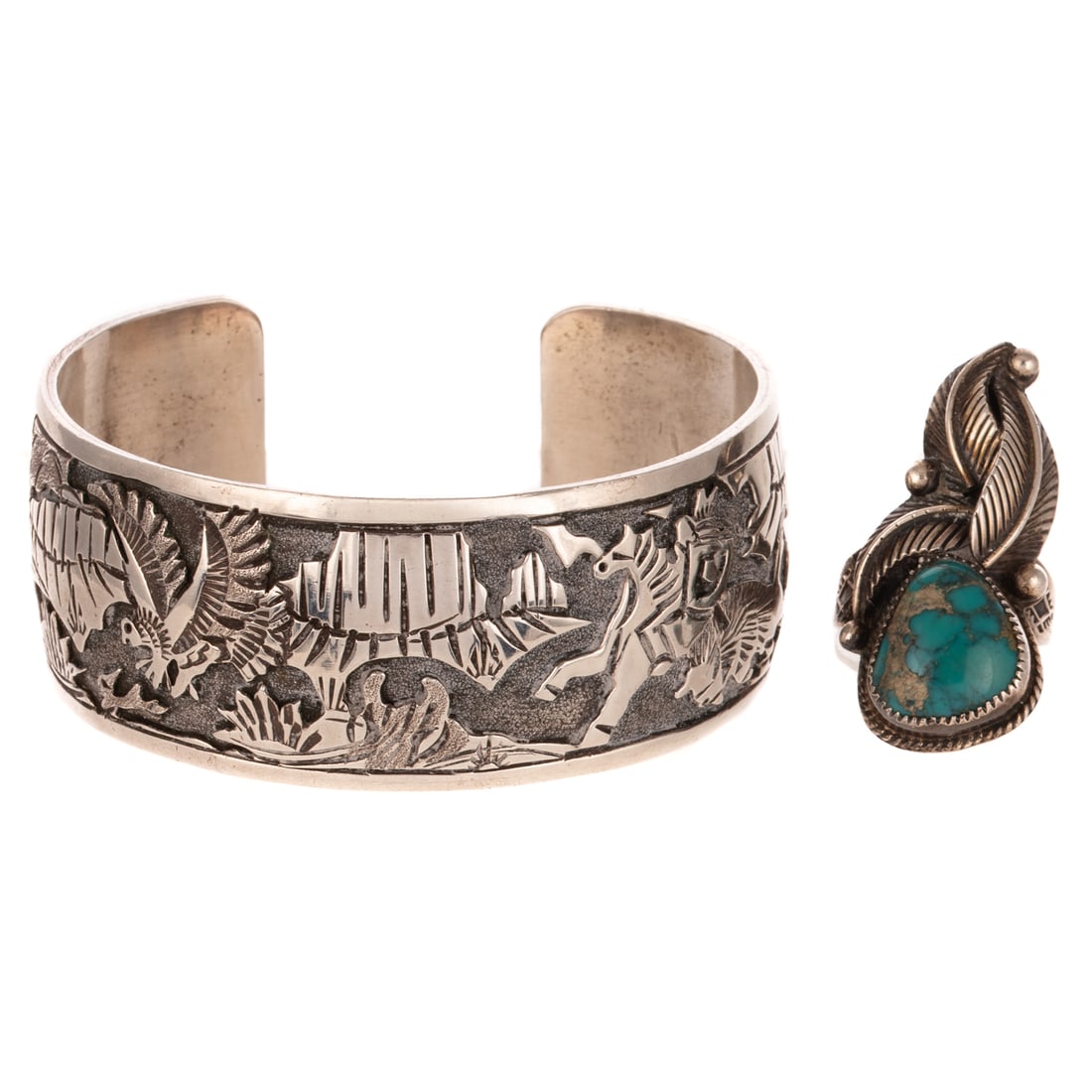 A Johnny Johnson Cuff & Loren Begay Ring in Sterling Silver: 1) Sterling silver storyteller cuff by Navajo artist Johnny Johnson, featuring a rider and animals in a landscape, 1 in. W, signed, 2 1/4 in. interior W, and 2) Sterling silver ring by Navajo artist