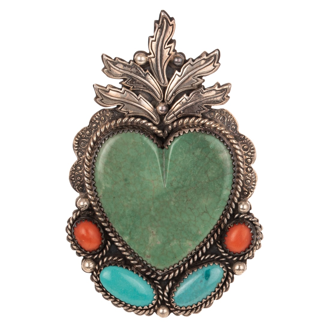 A Silver Cloud Multi-Stone Brooch in Sterling Silver: Sterling silver pendant/brooch by Silver Cloud, Albuquerque, NM, featuring heart shape green turquoise and additional turquoise and coral with leaf crown at the top, 2 3/4 in. L, signed, 28.2 grams Pr