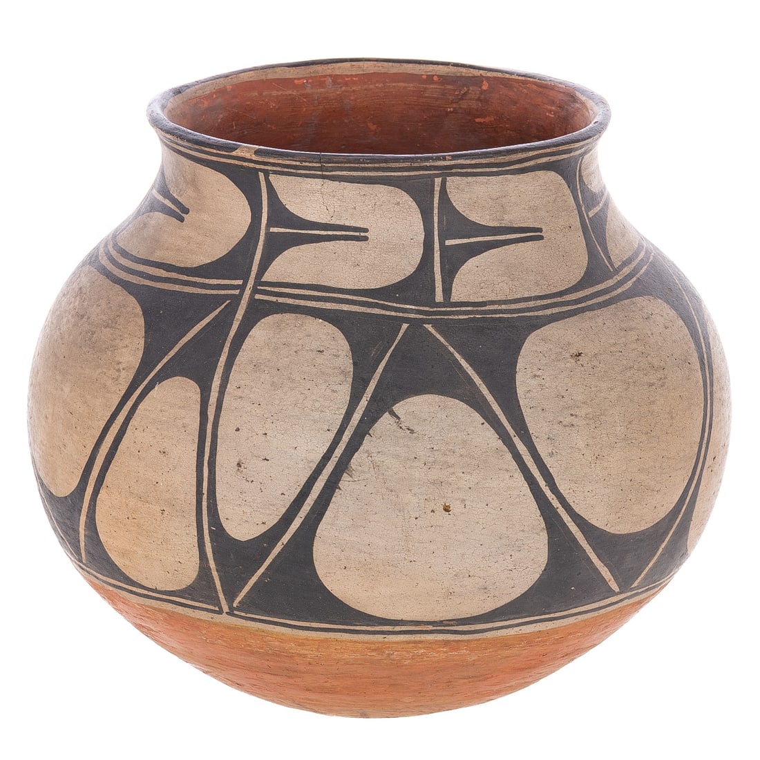 A Native American Painted Olla, Kewa Pueblo: Formerly called "Santo Domingo," early century, of globular form with slightly flaring mouth and concave base, decorated in white and black, unsigned, 9 in. H, 10 3/4 in. Diam. Provenance: With identi