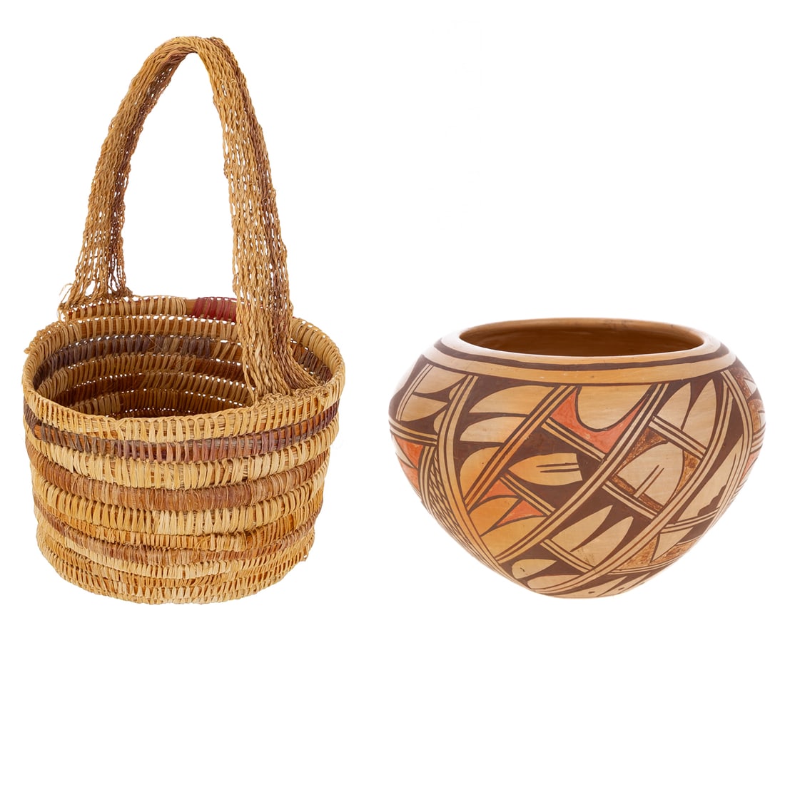 A Hopi Pueblo Pottery Vase & a Woven Basket: Includes a mid-20th century polychrome Hopi Pueblo pottery vase from Tewa, signed "C. Colleteta" on the bottom, 4 1/2 in. H, 6 1/2 in. Diam.; and a South Western hand woven coiled basket, likely Puebl