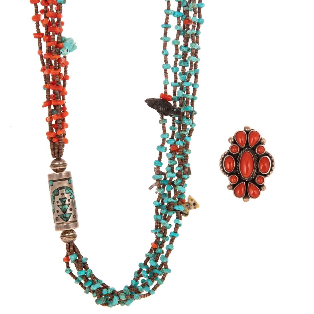 A Southwestern Beaded Necklace & Coral Ring in Sterling Silver: 1) Multi-strand turquoise and coral necklace featuring various hand carved fetishes and sterling silver charms, and turquoise inlaid elongated bead connecting the turquoise and coral strands, 32 in. L