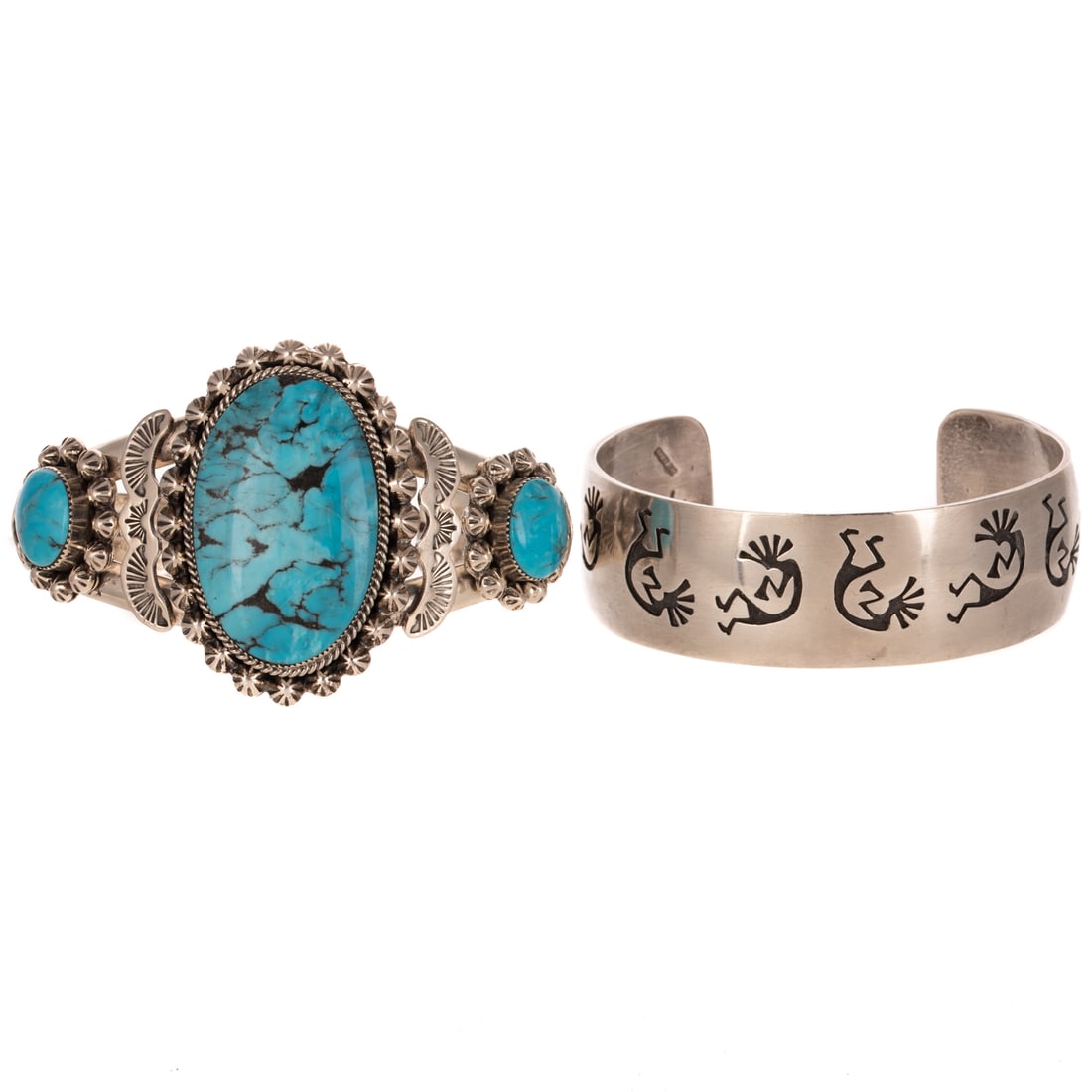 A Kokopelli Cuff & Turquoise Cuff in Sterling Silver: 1) Sterling silver cuff featuring stamped oxidized Kokopelli figures, signed with picto mark, 2 3/8 in. L, and 2) Sterling silver cuff by Running Bear Trading Co featuring a large oval turquoise caboc