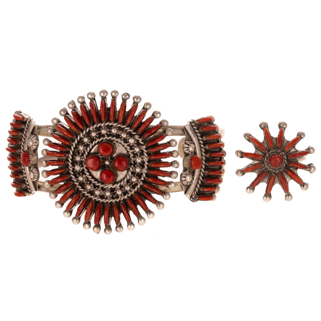 A Signed Zuni Coral Cuff & Ring in Sterling Silver (1 of 5)