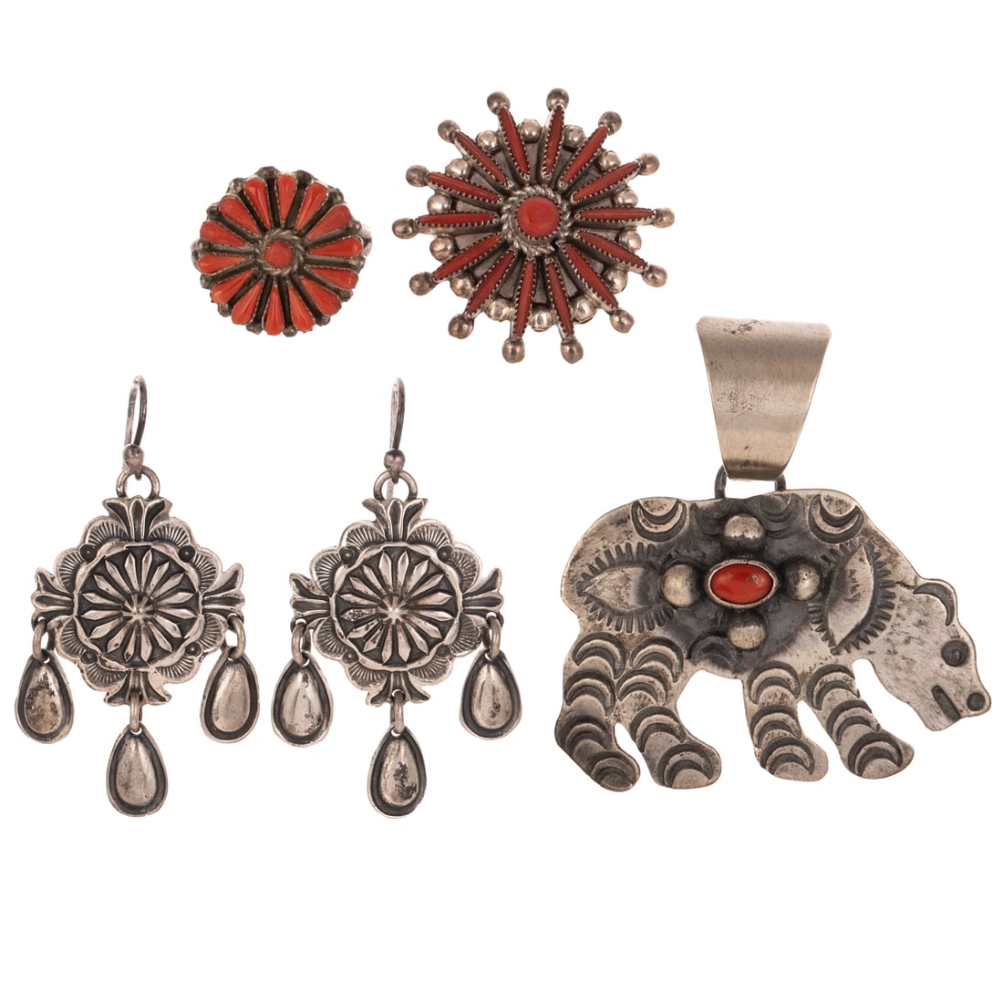 A Chimney Butte Bear Pendant, Zuni Ring & More in Silver: 1) Sterling silver bear pendant by Navajo artist Chimney Butte featuring stamped designs and an oval coral cabochon bezel set, signed, 1 3/4 in. x 1 5/8 in., 2) Sterling silver petit point coral sunbu