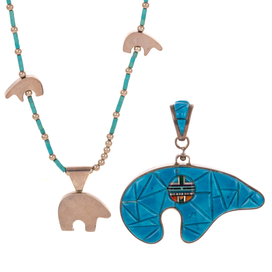 A David Freeland Jr Inlaid Bear Pendant & Necklace in Silver: 1) Sterling silver inlaid double sided polar bear pendant by Metis artist David Freeland Jr., featuring turquoise, azurmalachite, coral, opal, Mother of Pearl, and more, inlaid turquoise bail, signed,