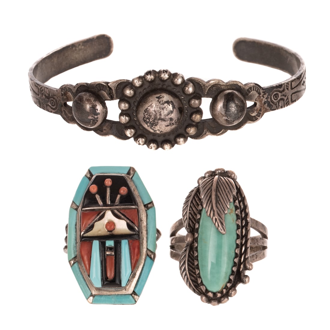 A Virginia Quam Zuni Ring, C. Felley Ring & More in Silver: 1) Silver ring by Zuni artist Virginia Quam of elongated octagonal shape featuring inlaid turquoise, jet, coral, and shell, signed, sz 6.25, 2) Sterling silver ring by Carol Felley with an elongated o