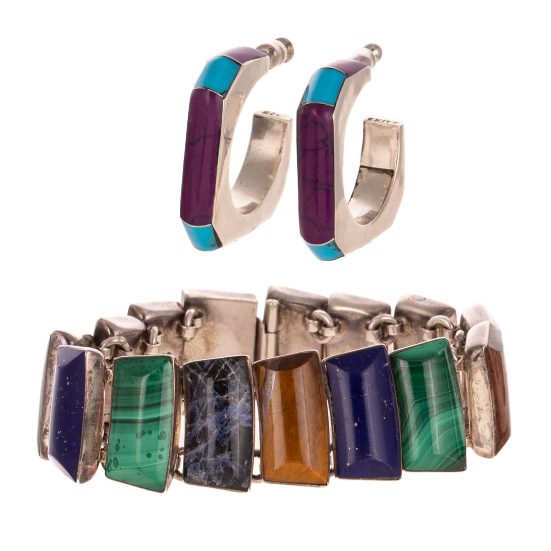 A Wide Multi Stone Bracelet & Earrings in Sterling Silver: 1) Sterling silver Taxco Mexican bracelet featuring various stones including jasper, turquoise, lapis lazuli, malachite, tiger's eye, and sodalite, box clasp, signed, 7 in. L, and 2) Sterling silver h