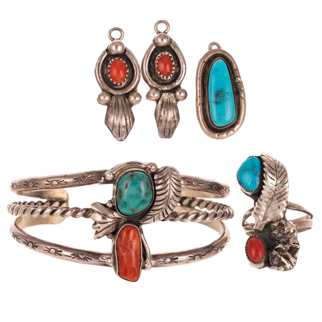 A Suite of Turquoise & Coral Navajo Jewelry in Silver: 1) Silver matched cuff and ring suite by a Navajo artist featuring freeform turquoise and coral with leaf accent, cuff measures 2 1/4 interior Diam., ring sz 8, and 2) Silver Navajo findings including