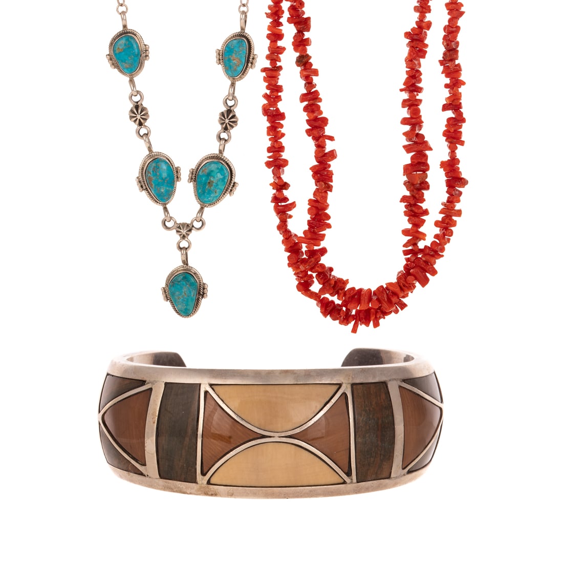 A Richard Begay Turquoise Necklace & More in Sterling Silver: 1) Sterling silver turquoise necklace by Navajo artist Richard Begay featuring five bezel set turquoise with open link chain, signed, 18 1/2 in. L, 2) Double strand coral branch beaded necklace with e