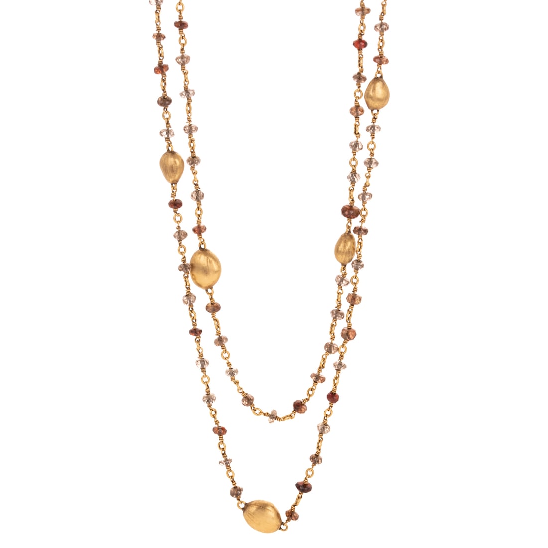 A Marco Bicego Multi-Gemstone Necklace in 18K: 18K yellow gold necklace by Marco Bicego featuring evenly spaced brushed finish pebble beads with multi-gemstone faceted beaded accents, brushed finish lobster claps, signed gold tag, 48 in. L, 28.6 g