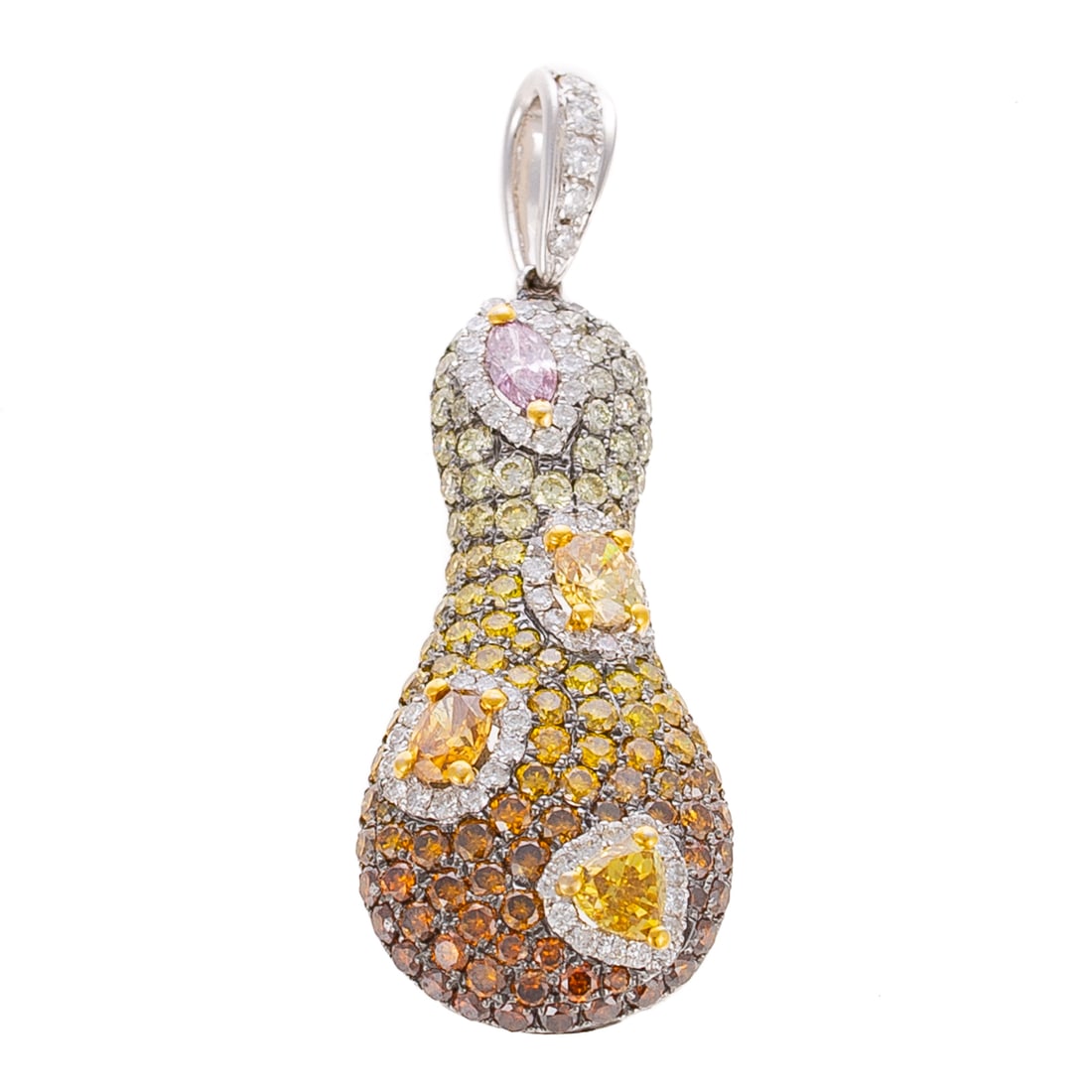 A Multi-Colored Diamond Gourd Pendant in 18K: 18K white gold pendant in the shape of an elongated gourd featuring white to orange ombre natural colored diamonds weighing approx. 2.20 ctw, designed with marquise cut pink, oval shaped yellow and or
