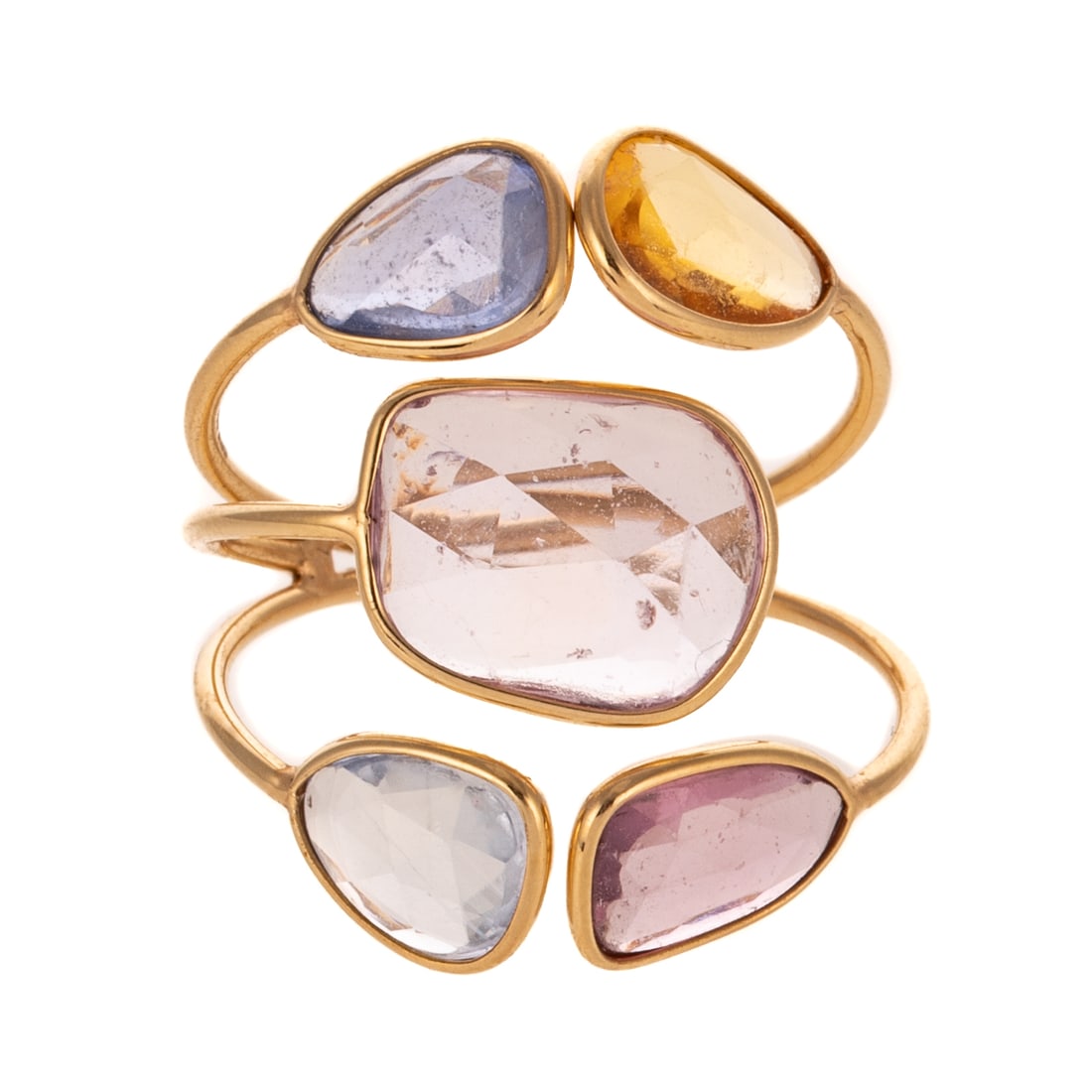 A Multi-Color Sapphire Pebble Ring in 18K: 18K yellow gold ring featuring a cluster of adjustable organically shaped faceted multi-colored sapphires weighing approx. 6.53 ctw bezel set, approx. sz 6.5, 3.2 grams