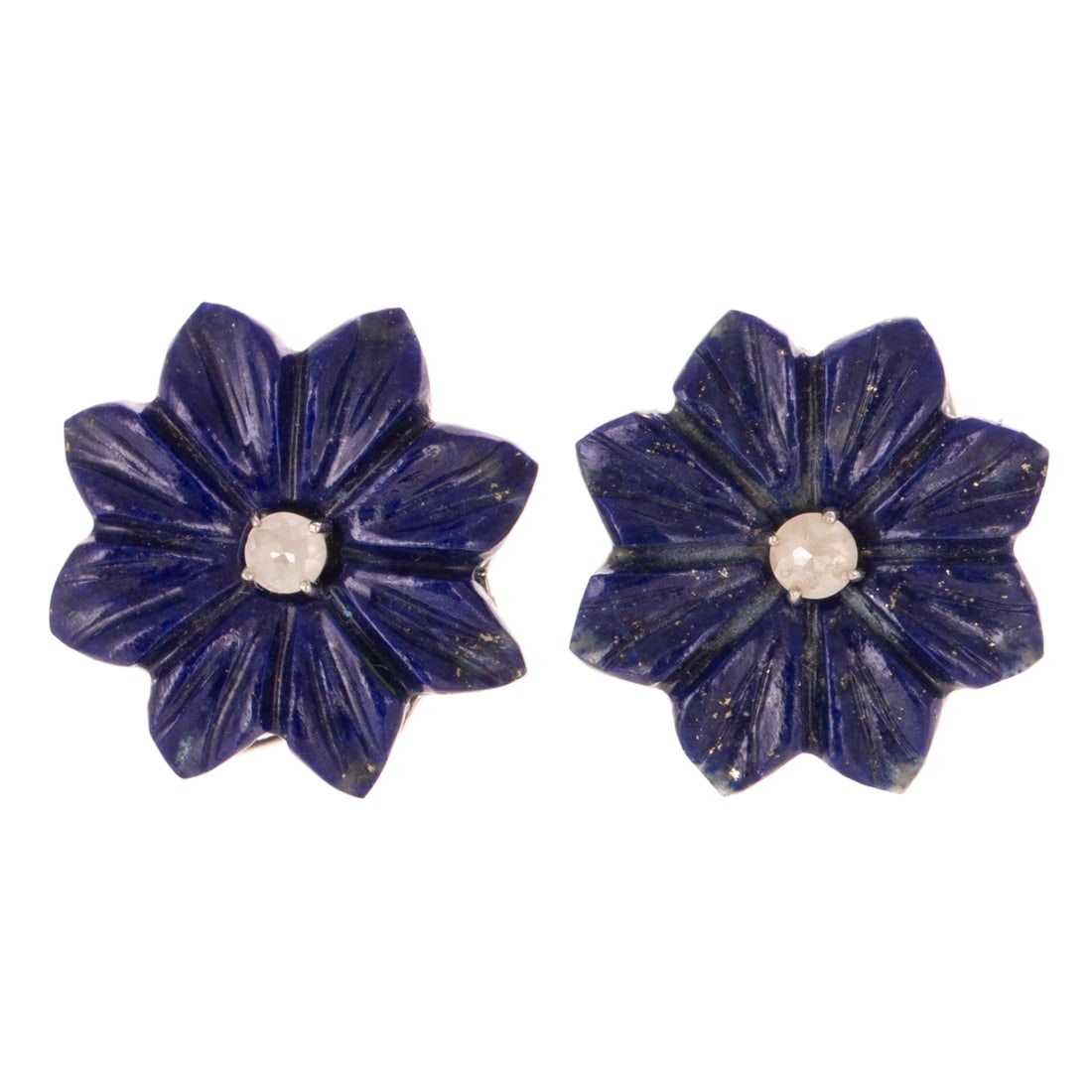 A Pair of Floral Carved Lapis Lazuli Earrings in Sterling Silver: Sterling silver earrings featuring well carved lapis lazuli flowers weighing approx. 12.00 ctw with rose cut diamonds prong set in the center of the flowers, 14K yellow gold posts with friction backs,