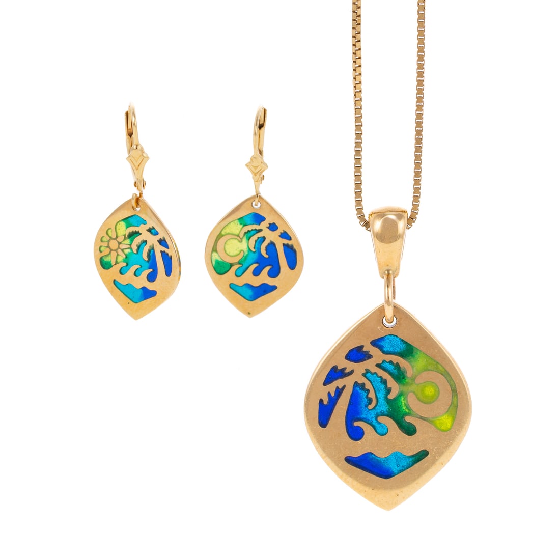 A Reversible Enameled Pendant & Earring Set in 14K: 1) 14K yellow gold reversible pendant depicting a tropical scene with a sun one one side and moon on other, blue and green enamel coloring, 1 1/8 in. L, hanging on a 14K yellow gold Italian box link n