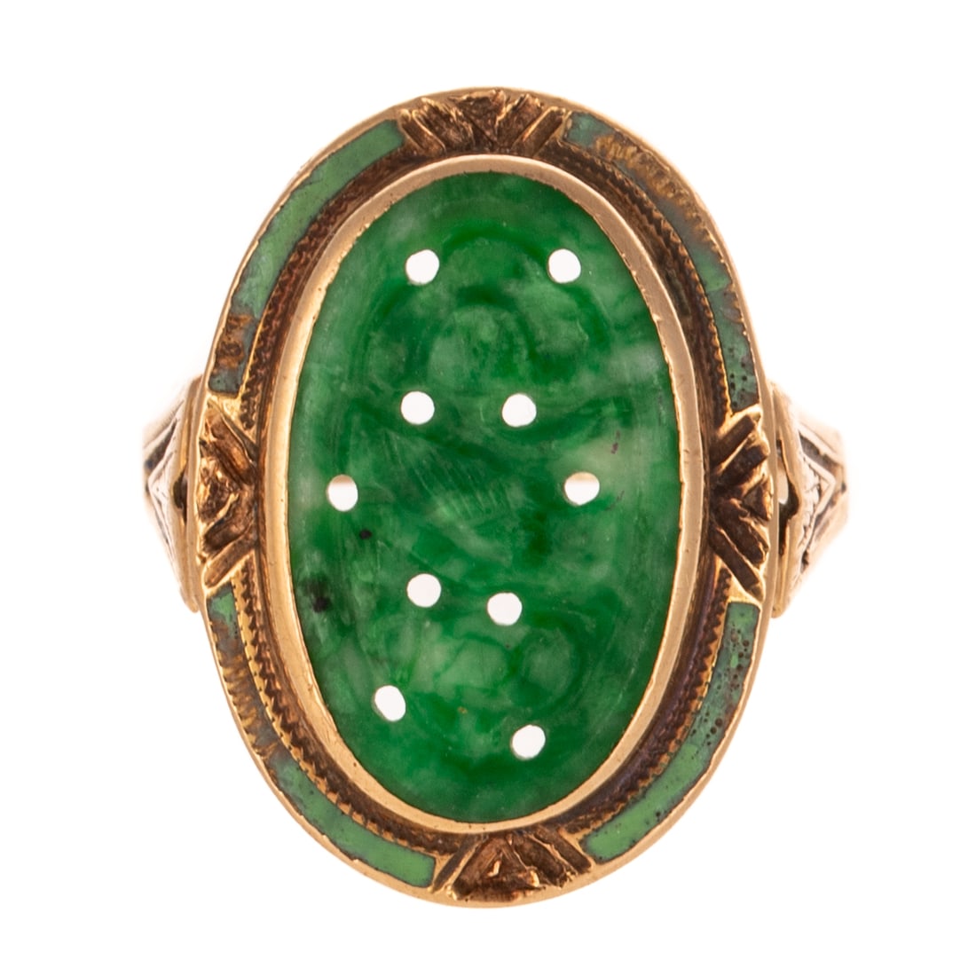 A Vintage Carved Jade & Enamel Ring in 14K: 14K yellow gold ring featuring an oval carved jade tablet depicting a bird measuring 17 x 11 mm bezel set in a frame of green enamel and carved details, carved shank, sz 7, 4.4 grams