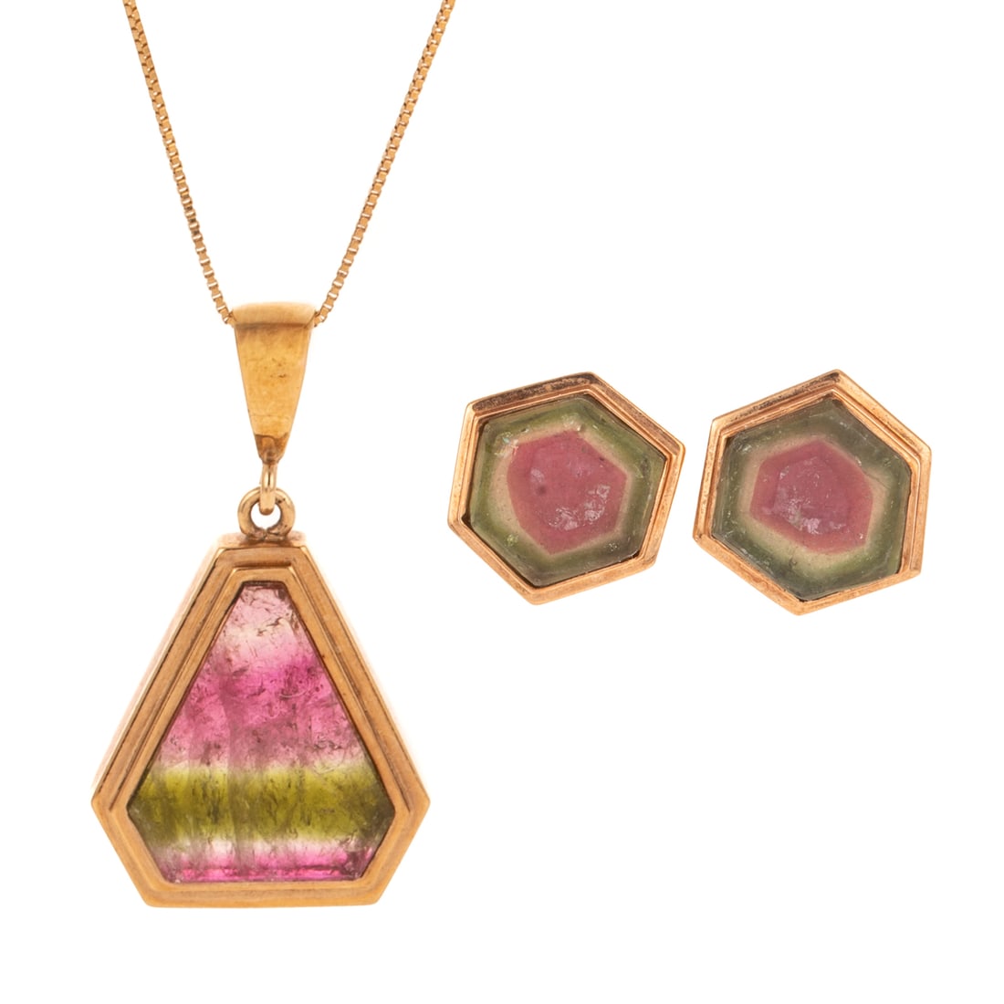 A Watermelon Tourmaline Necklace & Earrings Set in 14K: 1) 14K yellow gold pendant featuring a shield shaped watermelon tourmaline tablet measuring 15.1 x 12.8 mm bezel set in a high polish frame, signed "JG Maui," 1 1/4 in. L, hanging on a 14K yellow gold