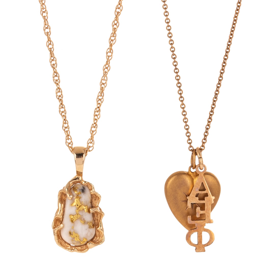 Three Pendants & Two Chains in Gold: 1) 14K yellow gold pendant featuring an organic shaped white stone with gold toned marbling prong set in a organic shaped frame, 7/8 in. L, hanging on a 14K yellow gold Prince of Whales chain, spring 