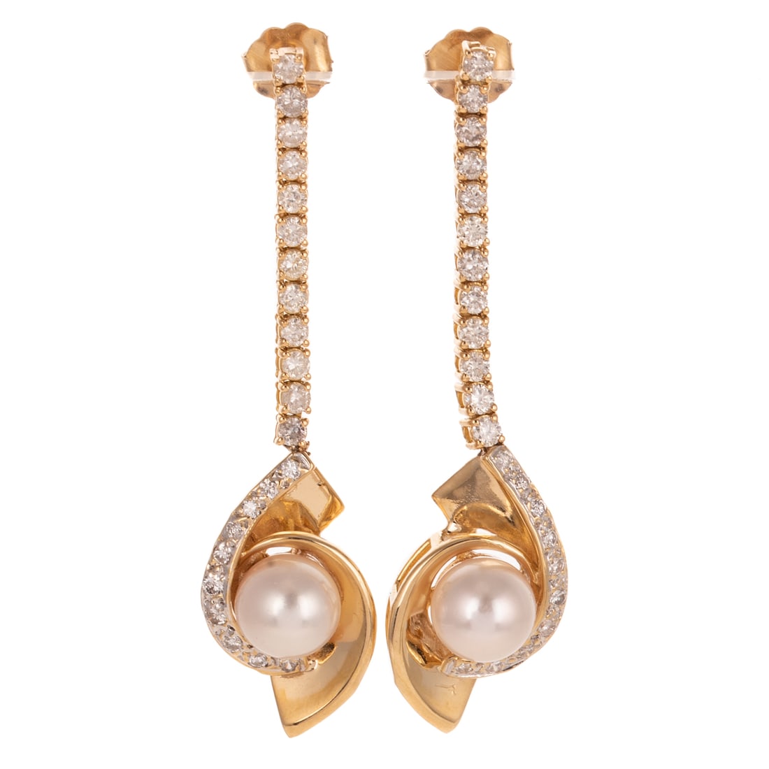 A Pair of Pearl & Diamond Dangle Earrings in 14K: 14K yellow gold earrings featuring a line of articulated round diamonds weighing approx. 1.00 ctw prong set curving around a cultured pearl with rose overtones and good luster measuring 7 mm set in a 