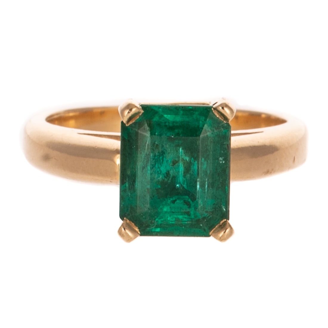 A 2.45 ct Very Fine Emerald Ring in 14K: 14K yellow gold ring featuring an emerald cut very fine bright green emerald weighing approx. 2.45 carats four prong set in basket head, high polish shank, sz 5, 4.5 grams