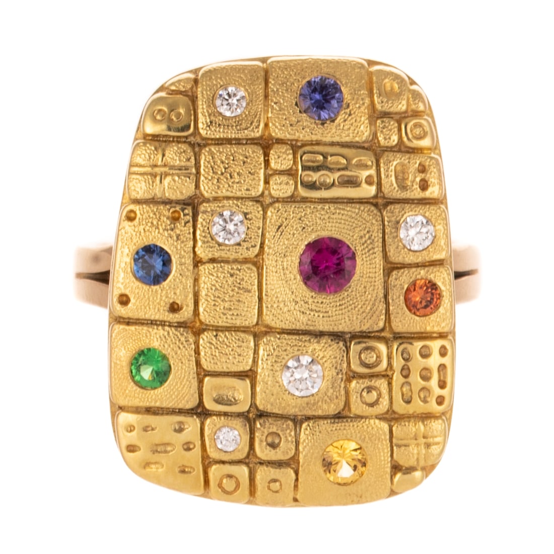 An Alex Sepkus "Old Pathways" Ring in 18K: 18K yellow gold "Old Pathways" ring by Alex Sepkus featuring a textured and detailed cobblestone design with flush set diamonds, citrines, garnets, sapphires, and rubies, 3/4 in. L, high polish split 