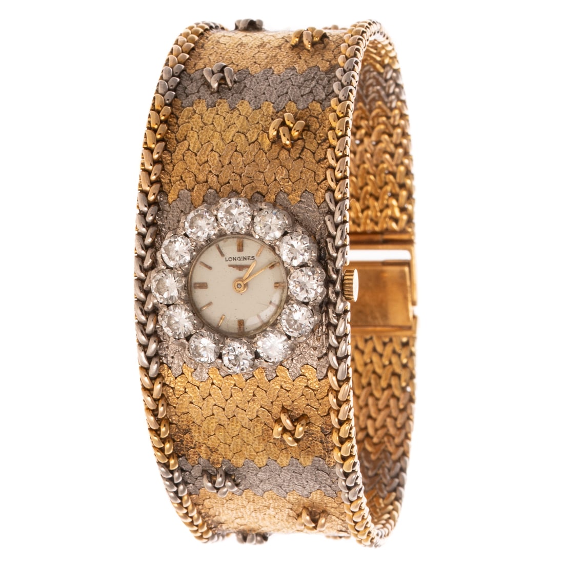A 3.00 ctw Diamond Longines Wrist Watch in 18K: 18K yellow gold cocktail watch by Longines featuring a round white dial with notched hour markers, round diamond halo bezel weighing approx. 3.00 ctw with an average color grade of I - J and an averag