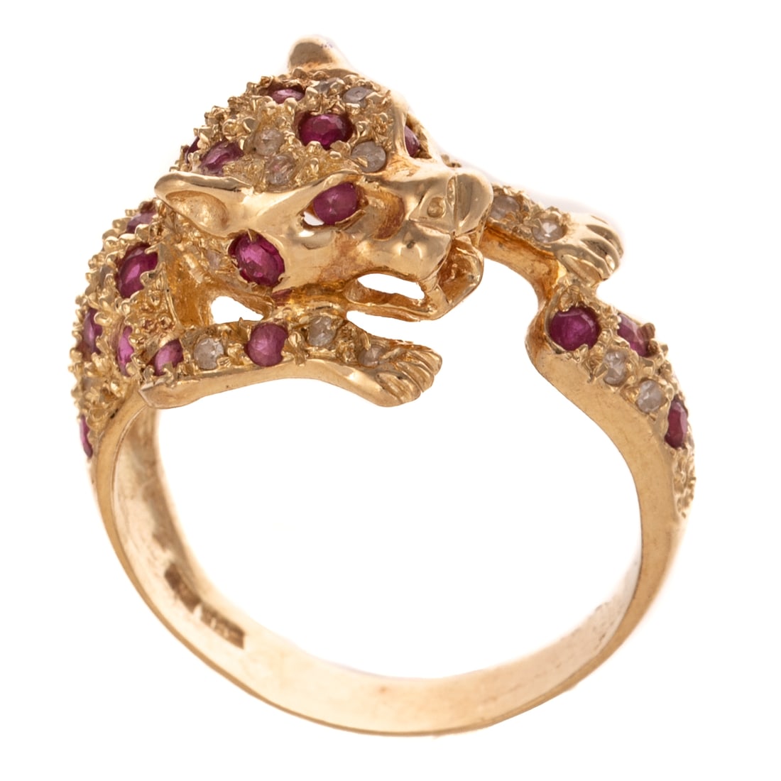 A Ruby Cheetah Ring in 14K: 14K yellow gold ring in the form of a cheetah with round ruby and diamond spots bead set, sz 7, 5.1 grams