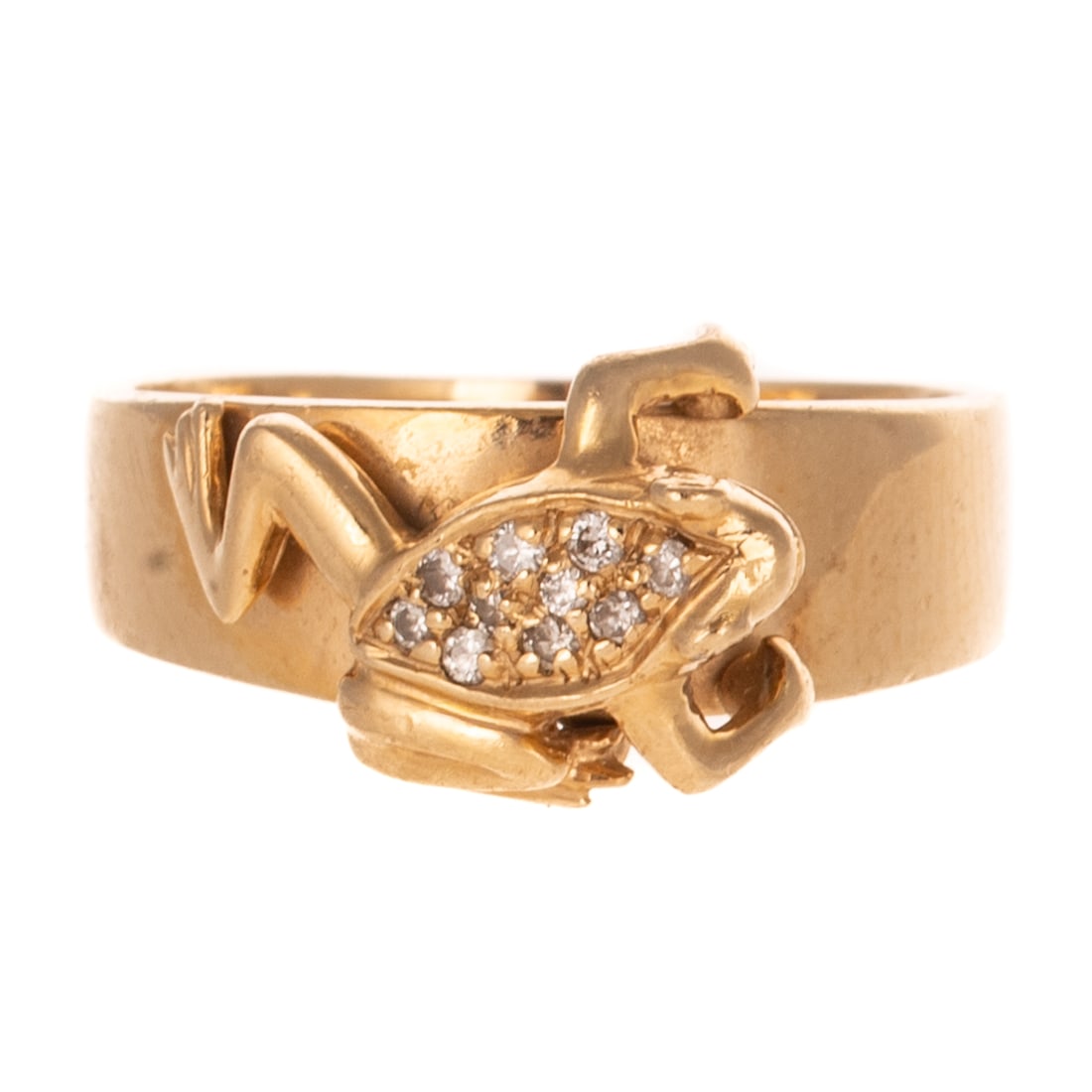 A Pave Diamond Frog Ring in 14K: 14K yellow gold ring featuring a small well carved frog with a diamond pave back, tapered high polish shank, 6 mm widest, sz 6.75, 5.2 grams