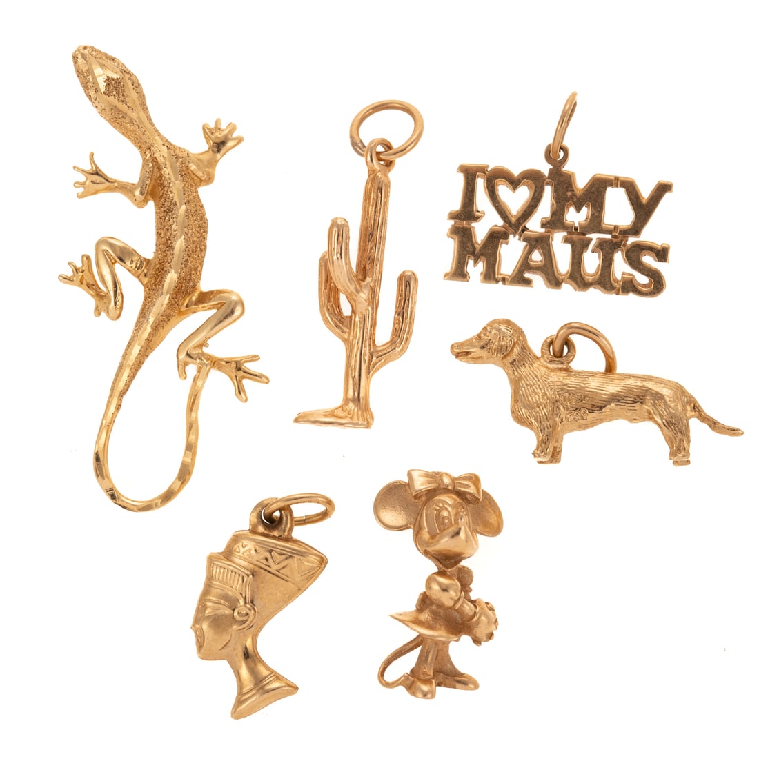 A Group of Detailed Charms & Pendants in 14K: 1) 14K yellow gold pendant in the form of a gecko with textured body and bright cut details, 1 3/8 in. L, 2) 14K yellow gold charm reading "I Love My Maus," 5/8 in. L, 3) 14K yellow gold charm in the