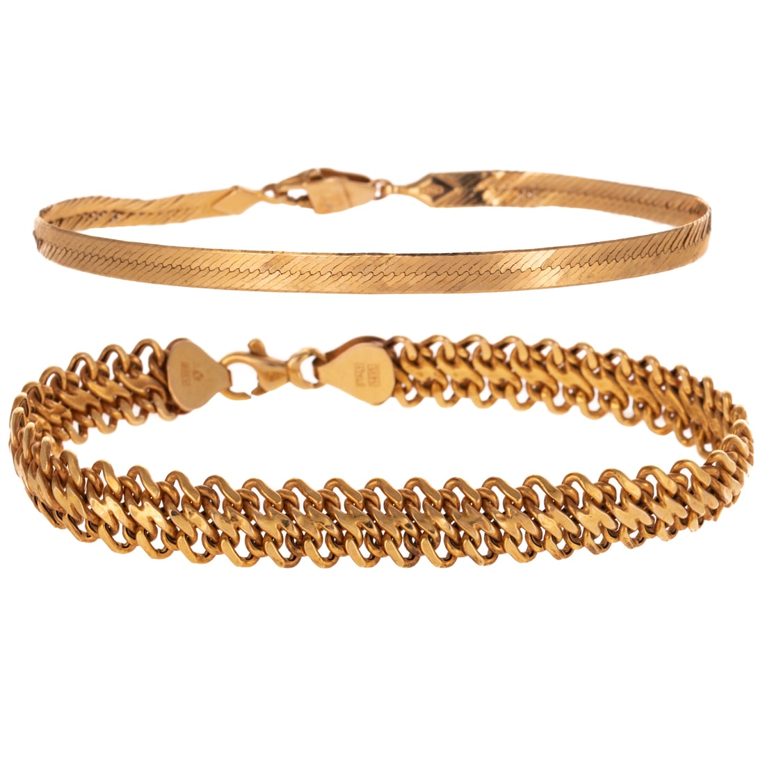 A Herringbone Bracelet & Woven Bracelet in 14K: 1) 14K yellow gold Italian herringbone bracelet, 4 mm W, lobster clasp, 7 in. L, and 2) 14K yellow gold Italian woven link bracelet, 9.2 mm W, lobster clasp, 7 1/2 in. L, 10.4 grams tw Provenance: