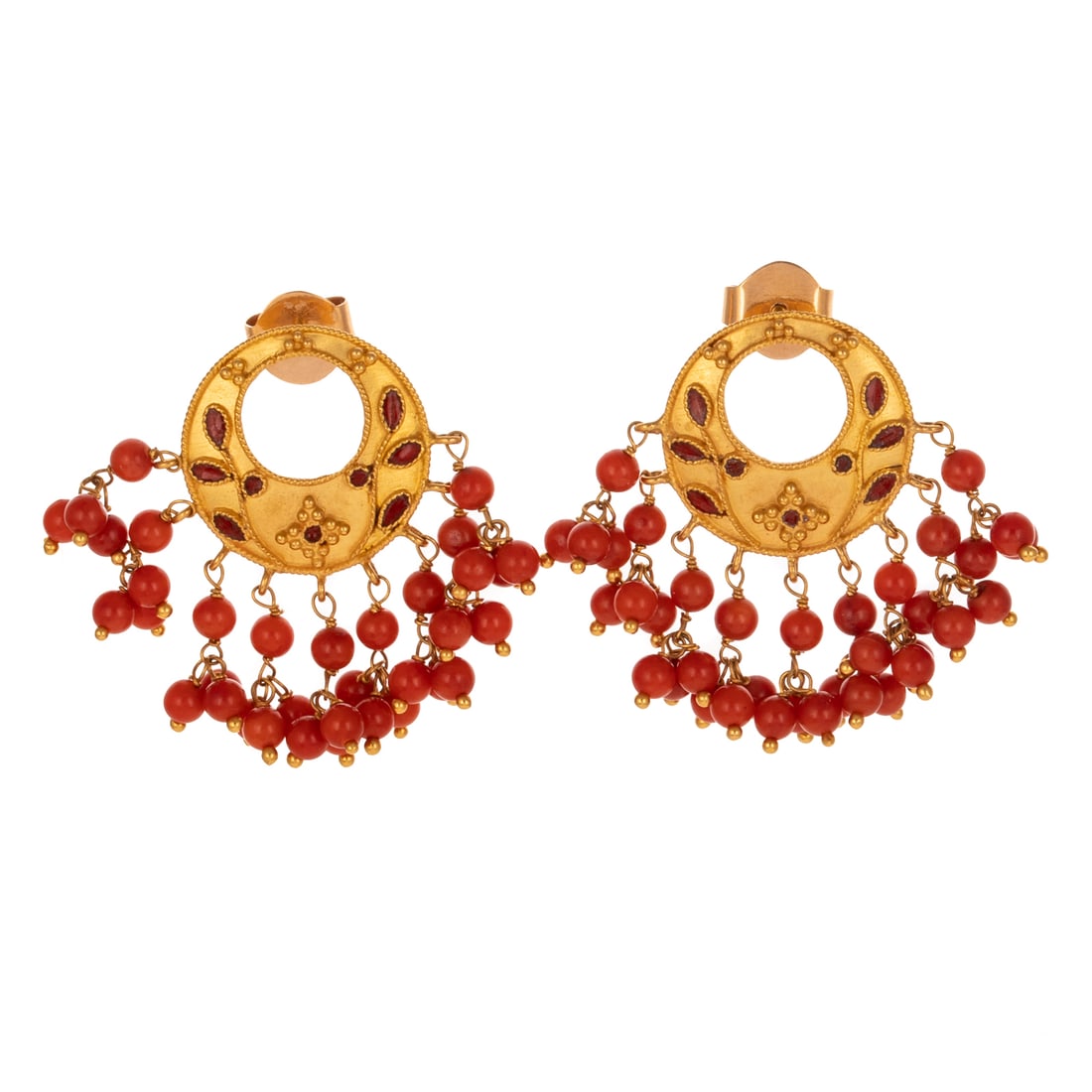 A Pair of Coral Fringe Earrings in 22K: 22K yellow gold earrings featuring discs with beaded foliate design with coral inlay suspending nine individual clusters of coral beads, posts with fat backs, 1 1/4 in. L, 12.2 grams