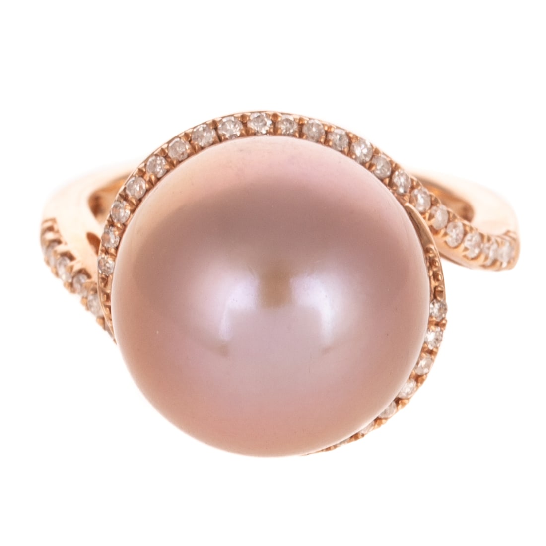 A Pink Freshwater Pearl & Diamond Ring in 14K: 14K rose gold ring featuring a pink freshwater pearl measuring 13.8 mm with good luster surrounded by two lines round diamonds shared prong set swirling around, signed, sz 7, 8.0 grams