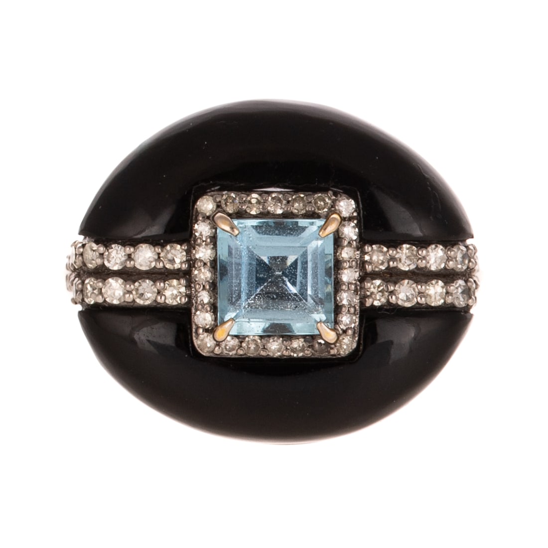 An Onyx & Aquamarine Ring in Sterling Silver: Sterling silver ring featuring a square cut aquamarine weighing approx. 0.95 ct prong set in the center of a frame of round diamonds intersecting two lines of round diamonds continuing onto shank, all
