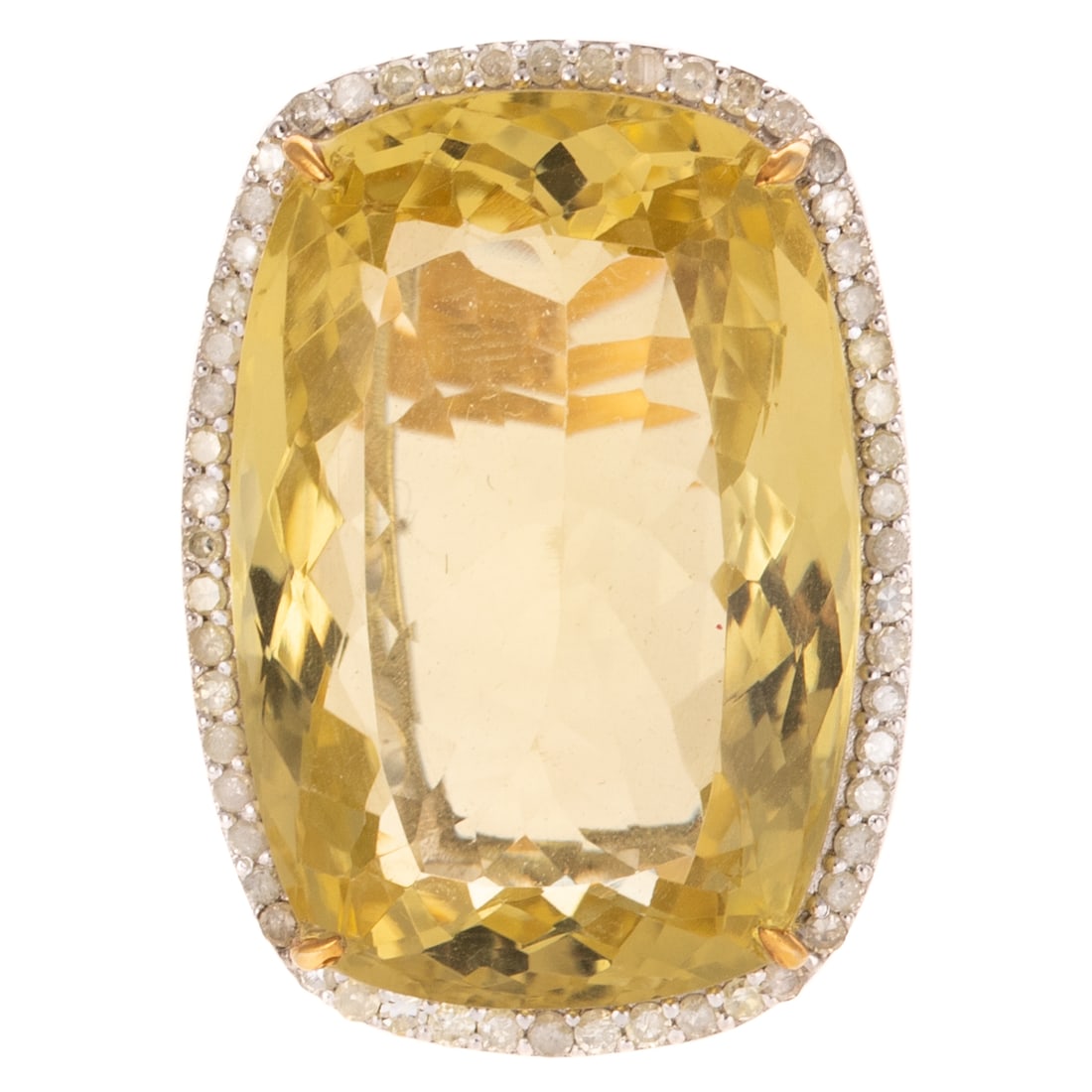 A Lemon Quartz & Diamond Ring in Sterling Silver: Sterling silver ring featuring a large cushion cut lemon quartz weighing approx. 40.00 carats prong set in the center of a round diamond halo shared prong set, 14K yellow gold shank, sz 7, 12.6 grams