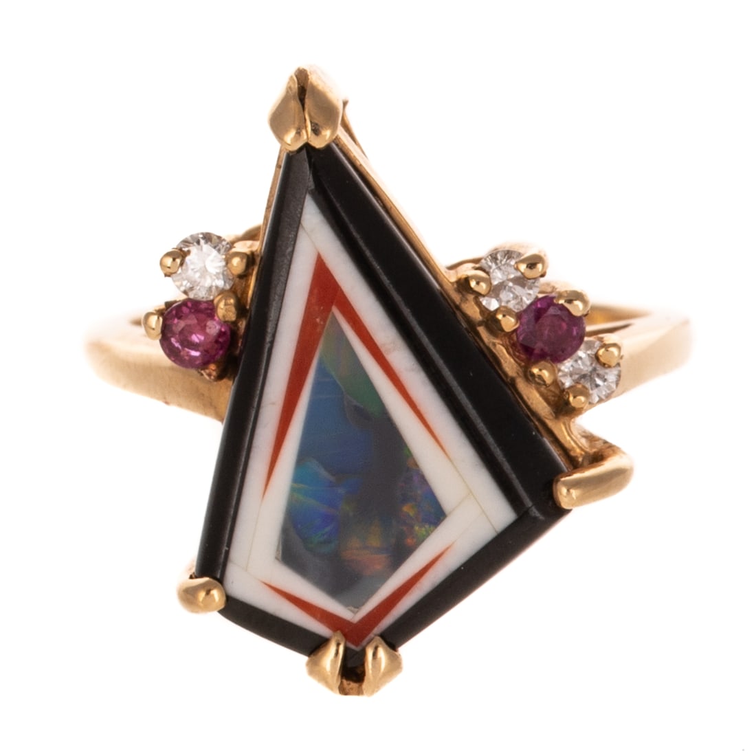 An Opal Inlay Ring in 14K: 14K yellow gold ring featuring black opal inlay with blue and orange play-of-color in an asymmetrical shield shape with concentric white inlay with red inlay details all encased in black onyx prong se